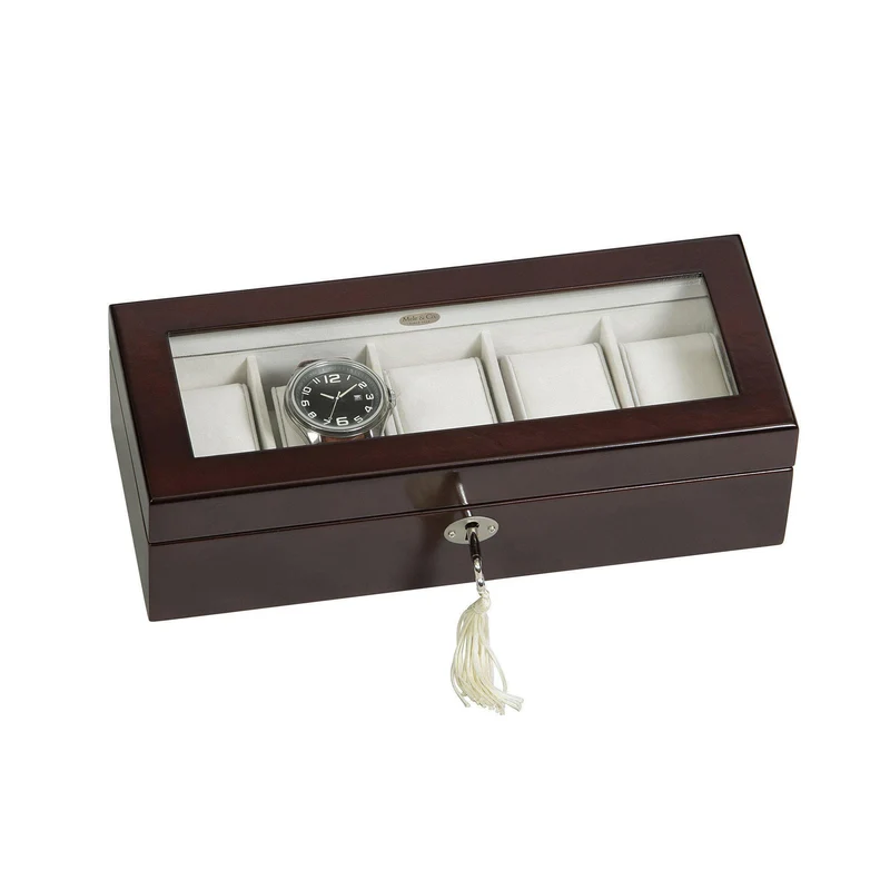 Macon Glass Top Wooden Watch Box in Mahogany Finish