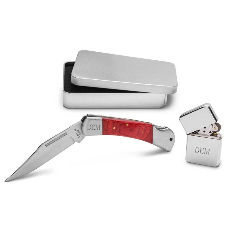 Yukon Lock Back Knife and Lighter Personalized Set