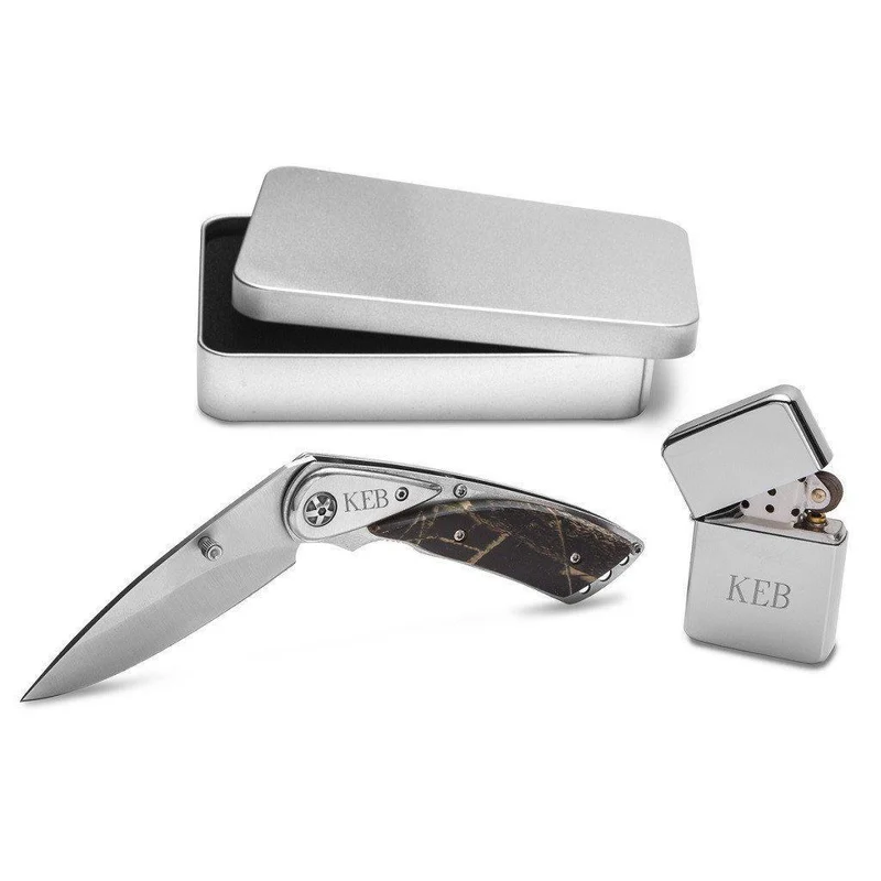 Camo Lock Back Knife and Lighter Personalized Set