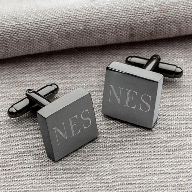 Brown Leather Wallet and Gunmetal Square Cufflinks Personalized Set