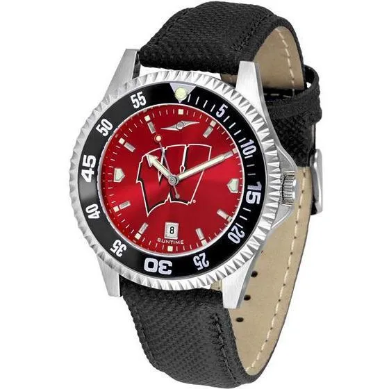 Wisconsin Badgers Mens Competitor Ano Poly/Leather Band Watch w/ Colored Bezel