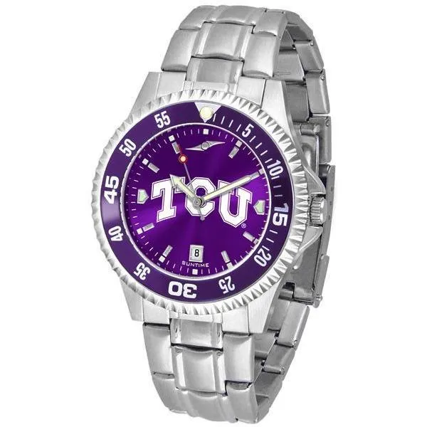 Texas Christian Horned Frogs Mens Competitor AnoChrome Steel Band Watch w/ Colored Bezel