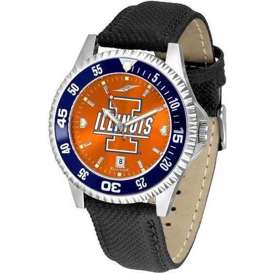 Illinois Fighting Illini Mens Competitor Ano Poly/Leather Band Watch w/ Colored Bezel
