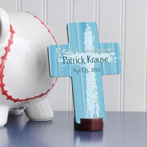 Light of God Blue Personalized First Communion Cross