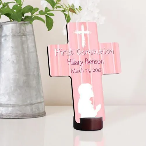 Hear My Prayer Pink Personalized First Communion Cross