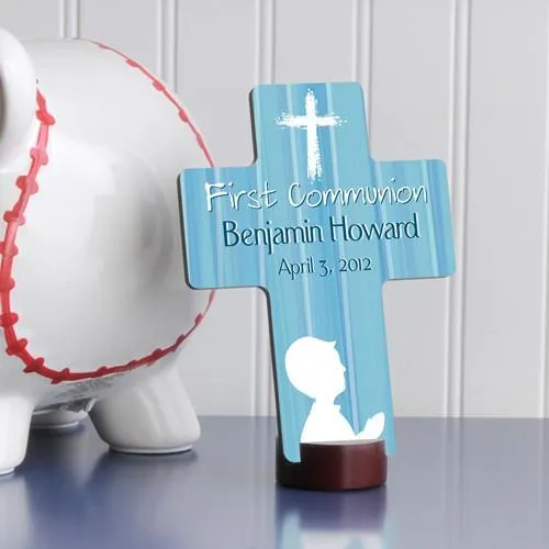 Hear My Prayer Blue Personalized First Communion Cross