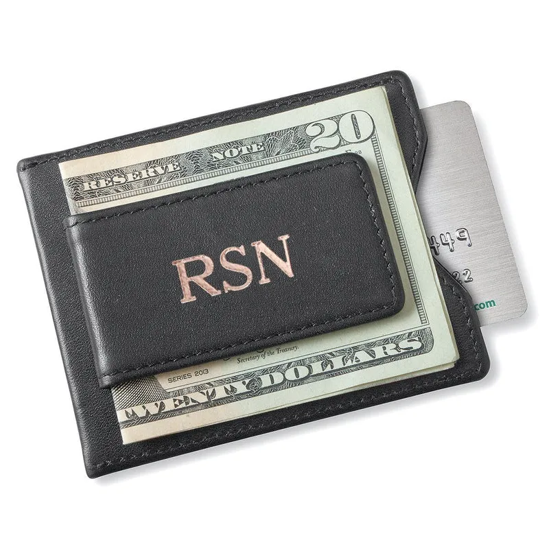 Black Leather Magnetic Wallet & Money Clip - Personalized