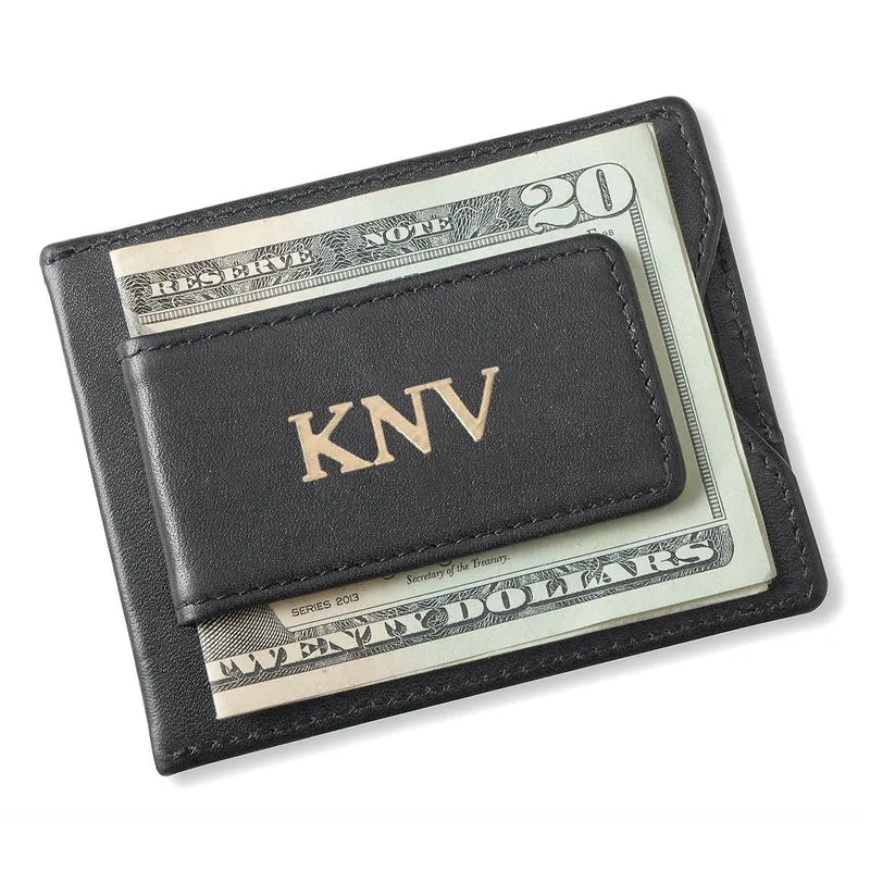 Black Leather Magnetic Wallet & Money Clip - Personalized