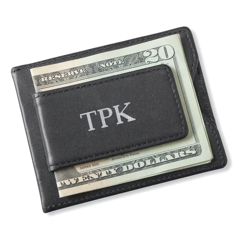 Black Leather Magnetic Wallet & Money Clip - Personalized